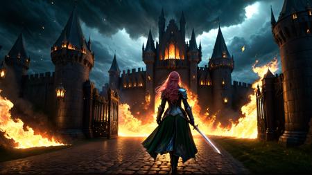yuukananri,1girl with long pink hair,green eyes,medieval female mage in skirted armor,(walking towards a massive castle gate),((casting fireballs with both hands)),(intense flames illuminating the scene),pitch-black night,gothic architecture in the background,tall and dark castle gate,flowing cape billowing behind her,glowing fireballs lighting up her face and armor,intricate engravings on the armor,dark clouds swirling in the night sky,mysterious and powerful atmosphere,flickering light from the fireballs casting dynamic shadows on the ground,cold wind and eerie silence,dramatic lighting,magic and action,cinematic composition,highly detailed textures,intense and focused expression,glowing magical energy,(masterpiece:2),best quality,ultra highres,original,extremely detailed,perfect lighting,<lora:yuukananri-base-01-XL:0.6>,<lora:detailed_notrigger:1>,<lora:xl_more_art-full_v1:0.8>,<lora:MJ52_v2.0:0.5>,