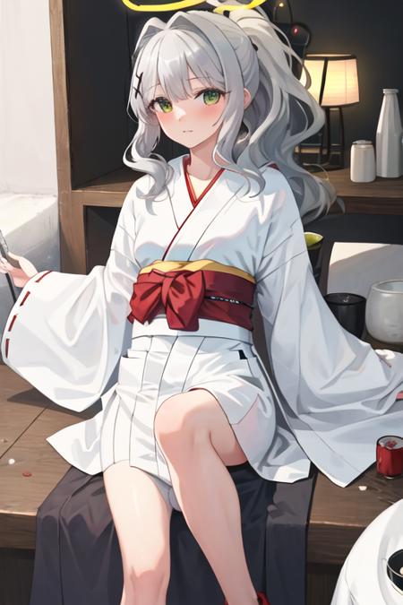 best quality, masterpiece, highres, solo, {white kimono:1.35}, {red hakama:1.35}, {wide sleeves:1.20}, {hare_bluearchive:1.15}, hair_ornament, bangs, green_eyes, halo, blush, long_hair, grey_hair, ponytail, hoodie, white_hair