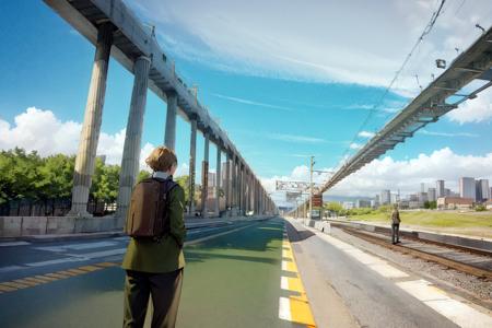 scenery, train station, capelet, multiple boys, outdoors, multiple girls, day, building, dress, railroad tracks, train, bag, from behind, sky, city, standing, 1girl, power lines, backpack, ground vehicle, multiple others<lora:ruinx:1.1>