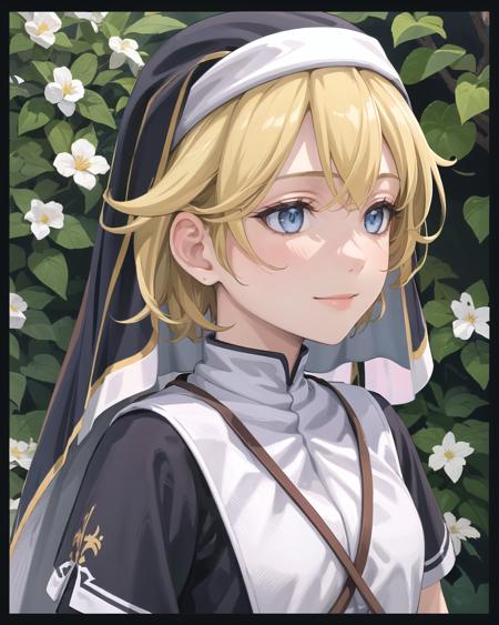 best quality, (masterpiece:1.2), illustration, absurdres,
(1girl, solo), (beautiful detailed girl), ((upper body, portrait)),
<lora:Rosine-06:0.8>, Rosine, blonde hair, short hair, blue eyes, small breasts,
nun outfit, nun habit,
kind, graceful, peaceful, calm, tranquil, smile, gentle,
church garden, outside church, stained glass, flowers, bush, plants, trees, sky, clouds, day, fruits, berries