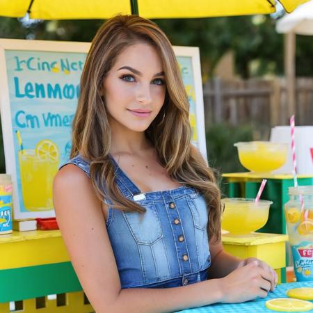 a photo of kimmy granger, ohwx, a woman at a lemonade stand, best quality, fine details, detailed skin <lora:kimmygranger_SDXL:0.9>