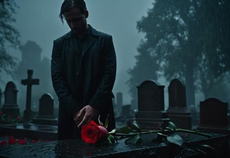 Cinematic photography, award winning shot of Max Pain, standing in front of grave with red rose in his hand, crying, (heavy rain:1.2), depressive dark noir scene, capture subject in a way that resembles a still frame from a movie, cinematic lighting, story, narrative quality, drawing viewers into the scene and evoking a sense of cinematic immersion, capturing emotion, professional, engaging, compelling composition, 8k, intricate details