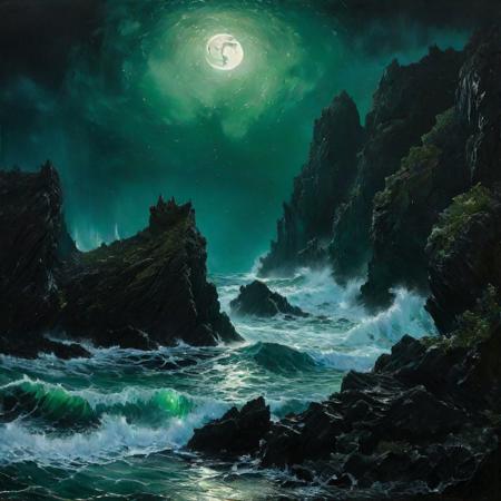 A dark, gothic oil painting depicting a mermaid with a shimmering green tail, nestled on an isolated rock, enveloped by the night's embrace and a tumultuous sea, under the watchful eye of a full moon. The scene's intensity is captured with vigorous, heavy brushstrokes, highlighting the dramatic interplay between the serene mermaid and the wild, untamed sea. The moon bathes the scene in a ghostly light, emphasizing the gothic atmosphere and the mermaid's ethereal beauty. Created Using: intense, textured oil painting style, dramatic use of light and shadow, detailed rendering of mermaid's scale and hair, powerful depiction of the sea's might,   evocative portrayal of the night's mood