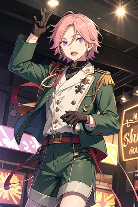 <lora:KohakuES-08:0.7>,kohakues, solo, looking at viewer, short hair, open mouth, gloves, 1boy, hair between eyes, purple eyes, jacket, pink hair, male focus, shorts, teeth, black gloves, belt, pants, uniform, military, military uniform, buttons,  green jacket, double-breasted, green shorts, aiguillette