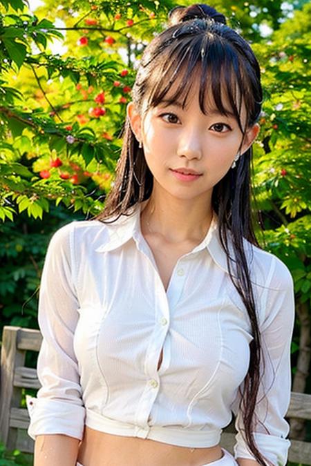 "1girl,photo of pyoapple, kpop idol,(aegyo sal:1),brown hair, best quality, earrings,(white shirt:1.4),(wet shirt:1.2),torii, cherry blossoms, (wet hair:1.6),(detailed face:1.4), (looking at viewer:1.25), sun lighting,shiny skin, smile, simple background ,(half body:1)   <lora:pyoapple_v1.0-000005:0.850>