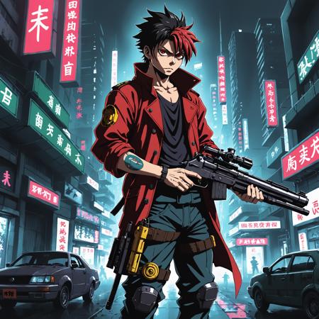 anime picture of a cyberpunk luffy holding a gun in neo tokyo, undefined