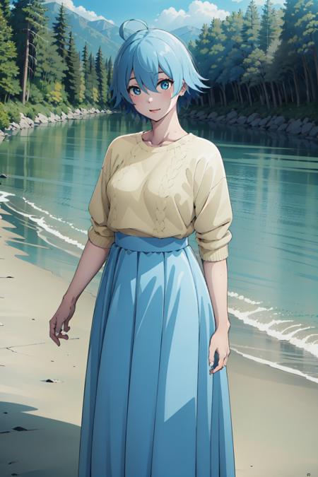 masterpiece, best quality, sky,1girl,out door,forest,cowboy shot,Hyper Detailed eyes,Hyper Detailed hair,
 <lora:VivyV3:1>, vivy, long skirt, blue skirt,ahoge,Yellow Summer Sweater,