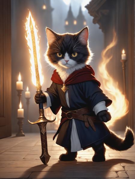 ((photo:1.2)), A cute cat mage, glowing fire sword, staff, dramatic lighting, dynamic pose, dynamic camera,masterpiece, best quality, dark shadows, ((dark fantasy)), detailed, realistic, 8k uhd, high quality, detailed, realistic, 8k uhd, high quality