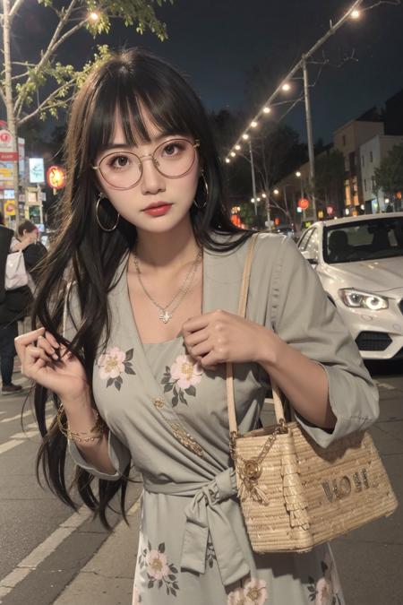 <lora:doll4:0.6>1girl, glasses, upper_body, Floral wrap dress, Ballet flats, Woven straw bag, Dainty necklace, and hoop earrings. ,Urban cityscape at dusk