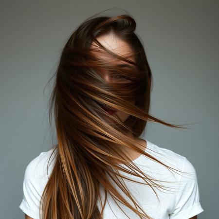 Extreme hair play in front of her face, absurdly long hair
