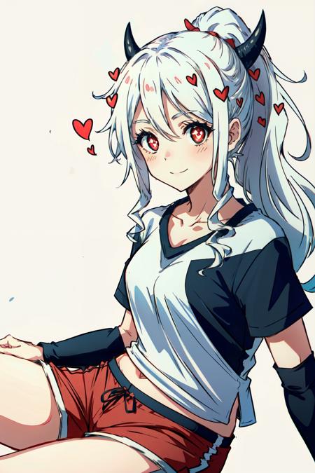 modeus(helltaker), wristband, sitting, simple background, red eyes, symbol-shaped pupils, short shorts, white background, collarbone, shorts, ponytail, solo, long hair, white hair, red shorts, demon tail, smile, gym shorts, dolphin shorts, blush, shirt, 1girl, heart, demon horns, tail, horns, short sleeves, heart-shaped pupils, looking at viewer, white shirt, hair between eyes, demon girl<lora:modeus-10:1>