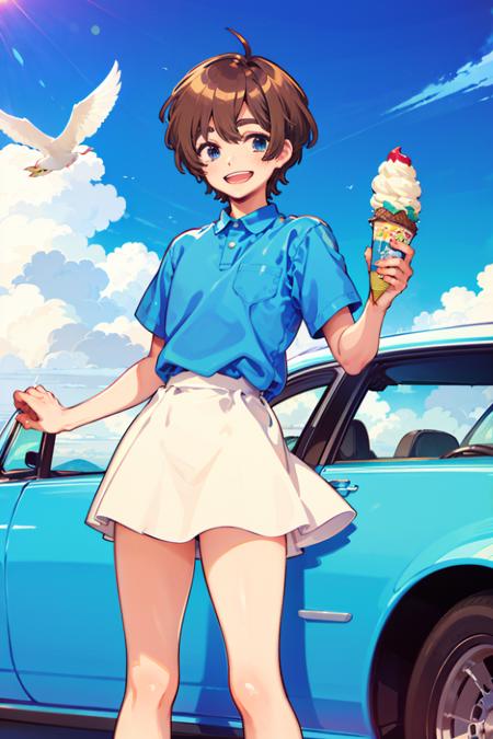 motor vehicle, ground vehicle, car, 1girl, vehicle focus, ice cream, bird, brown hair, 1boy, seagull, food, ice cream cone, cloud, sunglasses, blue eyes, open mouth, outdoors, smile, shirt, sky, driving, holding, holding food, short hair, dress, blue sky, ocean, blue shirt   <lora:keishin:1>