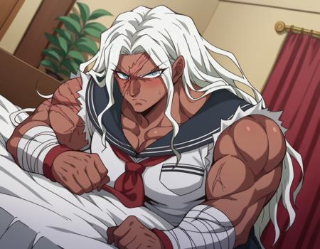 sakura oogami, long hair, white hair, dark skin, dark-skinned female, muscular, scar, muscular female, shirt, school uniform, serafuku, sailor collar, bandages, blue sailor collar, bandaged arm,