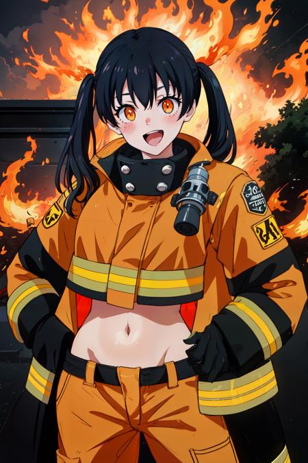 1girl, solo, <lora:Tamaki Kotatsu_V2-000005:0.8>, Tamaki Kotatsu, twintails, black hair, long hair, bangs, blush, orange eyes, black coat, open coat, navel, long sleeves, baggy pants, <lyco:GoodHands-beta2:1.0>, fix, (masterpiece:1.2), highres, best quality, 8k, very clear, day, sky, firefighter uniform, open mouth, smile, fire background, (masterpiece:1.2), highres, best quality, 8k, very clear,