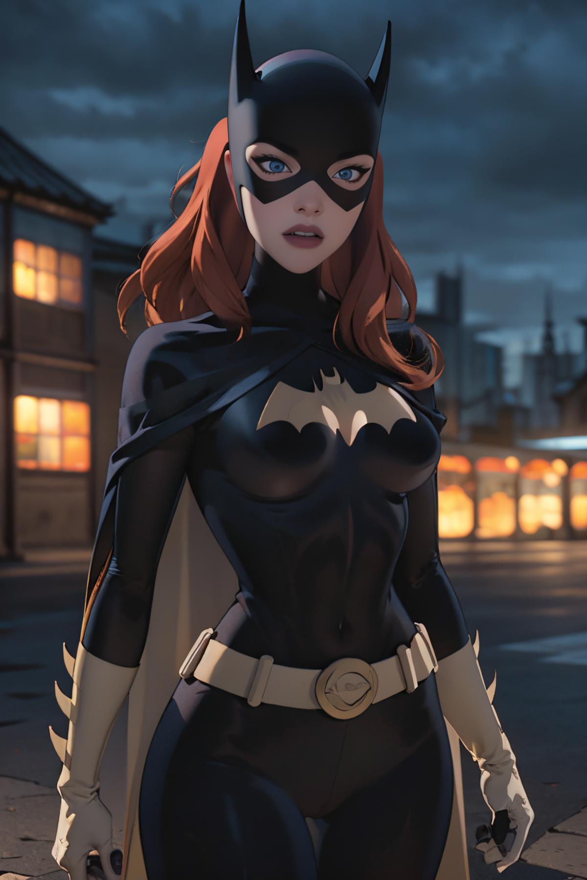A red-haired Batwoman with a gold belt stands in a dark alley.