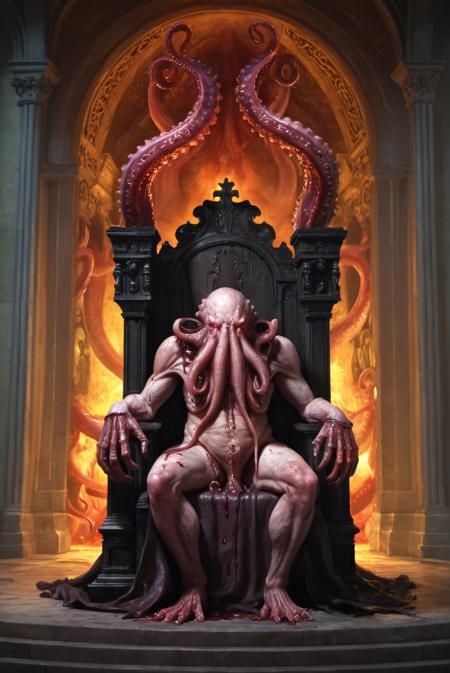 (highres),(masterpiece),(best quality),[3D character],realistic art,masterpiece,beautiful detail,oilpaint,smooth sketch,intense shadows,depth of field,wide shot,blurry background,madness,((cthulhu_mythos)),(huge_throne:1.5),(wriggling lumps of flesh:1.3),(crown:1.1),(blood vessels:1.3),(tentacles:1.3),(fire:1.2),(candle:1.15),golden hour lighting,(in the church:1.2),(dome:1.3),gorgeous:,(stained windows),light shines on the throne,