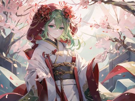 masterpiece,best quality,highres,cinematic lighting,dramatic angle,1girl,green hair,green eyes,hair flower,pointy ears,<lora:ShadowverseMagachiyoV3-000017:0.8:lbw=1,0.2,0.2,0.2,0.2,0.5,0.2,0.2,0.2,1,1,1,1,1,1,1,1>,(white kimono,japanese clothes,shiromuku,hood:1.1),sash,looking at viewer,head tilt,smile,cherry blossoms,courtyard,petals,<lora:è¡£ç© ç½æ å¢shiromuku:1>,cowboy shot,