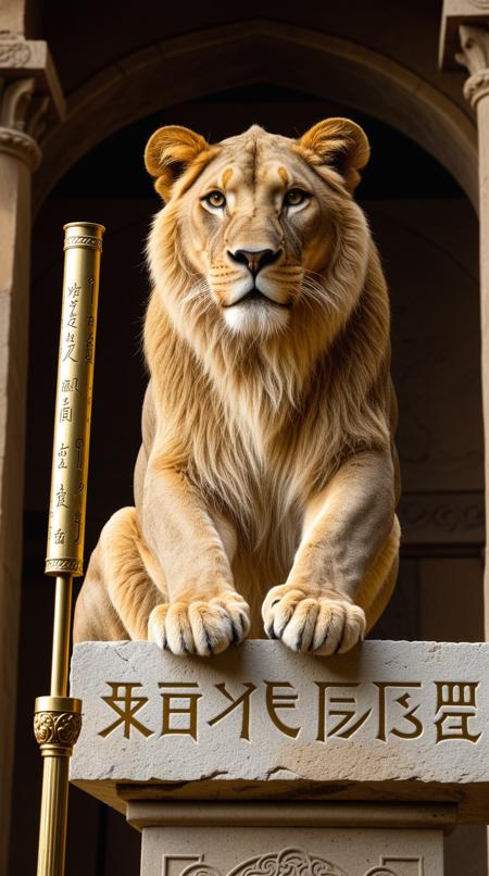 A closeup of a A regal lioness with a shaggy tawny coat and piercing emerald eyes sits atop a worn, ancient stone pedestal, surrounded by a halo of soft, golden light that spills from a series of intricately carved, lantern-like orbs suspended from the vaulted ceiling of a mystical, ruined temple, the air thick with the whispers of forgotten knowledge and the scent of aged parchment, as she gazes intently at a magnificent, ornate telescope held in the wrinkled, yet elegant hands of a wise, aged seer, who stands beside her, the telescope's brass surface adorned with cryptic symbols and strange, glowing runes that seem to pulse with an otherworldly energy, as if the very fabric of time itself is being unraveled, the seer's long, silver hair cascading down her back like a river of moonlight, her eyes aglow with an inner fire as she peers through the telescope's lens, revealing visions of a bygone era, the lioness's ears perked up, as if listening to the whispers of the past, her tail twitching with an air of anticipation, the atmosphere heavy with an air of mysticism and forgotten lore.,