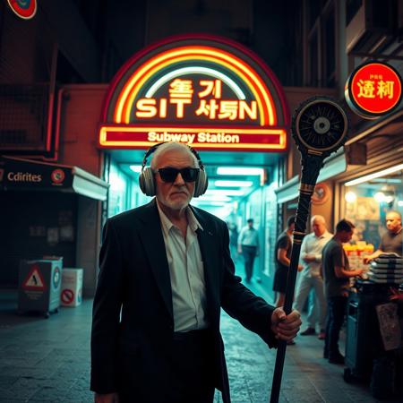 score_9, score_8_up, score_7_up, night, outside a futuristic entrance subway station, stores with neon lights, dirt trash homless, street, people selling on streets, a futuristic shaman old man 80 years latin brown skin freckles old short using a classic 50s black suit sunglasses modern futuristic big  headphones hearing music holding a staff with cds and electric parts walking stooped with difficulty