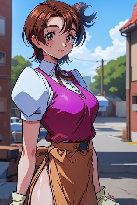 1girl, cowboy shot, outdoors, smile,
vg_satomi, brown eyes, brown hair, short hair, bangs, ribbon, gloves, puffy sleeves, puffy short sleeves, white shirt, shirt, apron, side slit, <lora:VG_satomi_lora_ver1:0.8>, best quality, masterpiece, highres, <lora:GoodHands-vanilla:1>