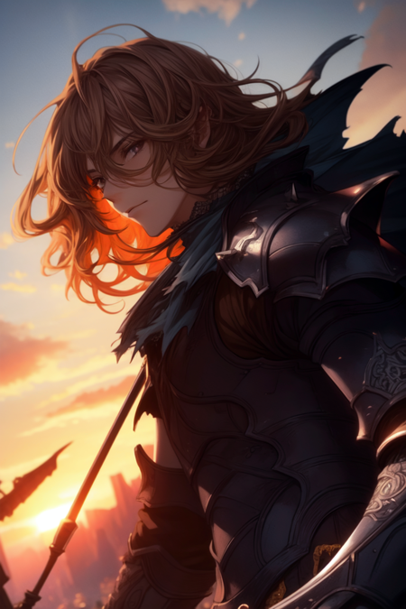 1boy, armor, beach, brown_hair, burning, cloud, cloudy_sky, dusk, embers, evening, fire, flaming_weapon, gauntlets, gradient_sky, holding, holding_sword, holding_weapon, horizon, long_hair, male_focus, molten_rock, mountain, mountainous_horizon, ocean, orange_sky, outdoors, planted, purple_sky, red_sky, scenery, shore, shoulder_armor, sky, solo, standing, sun, sunrise, sunset, sword, twilight, water, weapon, yellow_sky