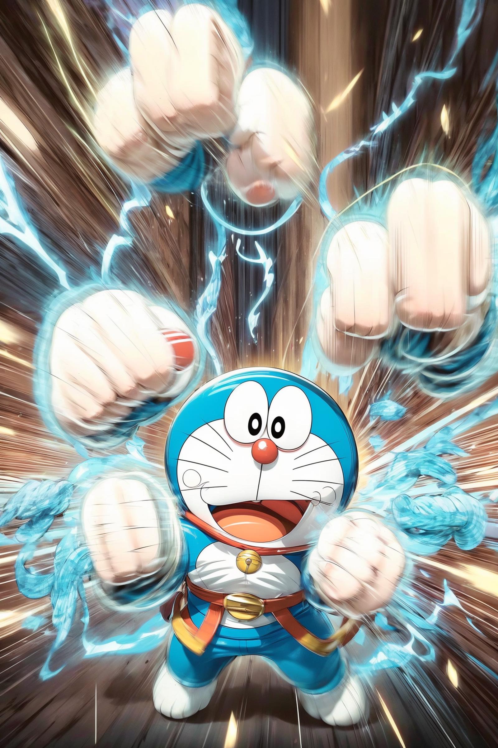 A Doraemon Cartoon Character in Action, Punching and Creating Electrical Spark Effects
