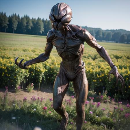 Demogorgon, face closed, field, flowers, full body, day, (masterpiece),((ultra-detailed)), (highly detailed CG illustration),(expressionless), (best quality:1.2),realistic8K UHD,High definition <lora:demogorgon_V1-000005:0.8>