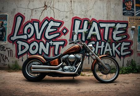 Visualize a gritty, urban graffiti artwork on a cracked and worn concrete wall. In the foreground, a highly detailed American chopper motorcycle sits prominently, with chrome finishes reflecting the rough environment. The graffiti features the words ‘LOVE HATE DON’T SHAKE,’ each word styled distinctly: ‘LOVE’ in fluid, slightly faded script with soft curves, ‘HATE’ in jagged, chaotic block letters with sharp edges, and ‘DON’T SHAKE’ in bold, heavy strokes, dripping with paint. The wall is overgrown with patches of wild grass sprouting from cracks, and marijuana flowers artistically intertwined with the graffiti, growing along the edges of the letters and adding to the rebellious feel. The background is filled with worn, peeling posters, smudged colors, and dirty textures, evoking a raw, grunge, street vibe. The motorcycle’s tires leave marks in the dirt below, completing the gritty urban scene