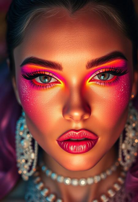 high-definition, glowing highlighter, neon eyeshadow, (overexposed:-1), dynamic lighting, close-up face, heavy contouring, (lowres:-1), (dull:-1), extreme glam, (subtle makeup:-1), rhinestone embellishments, (blurry:-1), vivid blush, (sharp focus), (muted colors:-1), (flat lighting:-1), bold colors, glitter lips, studio lighting, maximalist makeup, (good anatomy:1.4), perfect skin, ultra-realistic, beauty photography, detailed textures, cinematic, dramatic eyeliner, (high-fashion makeup:1.2), vibrant colors, overlined lips, (bad anatomy:-1.4), (high resolution:1.3), surreal beauty, hyperrealistic, (oversaturated:1.2), exaggerated glow, piercing eyes, bold contours, vibrant neon hues, reflective textures, iridescent highlights, shimmering face jewelry, maximal embellishments, glossy skin, exaggerated cheekbones, over-the-top makeup artistry, intricate eye details, multi-layered contouring, excessive glam, intense blush, glowing from every angle, highly polished, magazine cover quality, photo-ready perfection, absurd detail level, almost otherworldly glow, ultra-luxurious makeup application, layers of vivid color