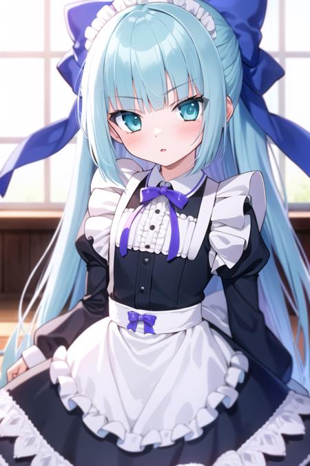 masterpiece, best quality, absurdres, cute, extremely detailed face, perfect lighting, <lora:ro-kyu-bu_v7-000018:0.6>, 
1girl, solo, mimi balguerie, very long hair, half updo, hair bow, maid, blush, parted lips, cowboy shot,