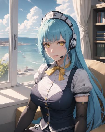 best quality, (masterpiece:1.2), illustration, absurdres,
(1girl, solo), (beautiful detailed girl), (upper body, portrait),,
<lora:Risette:0.8> Risette Twinings, yellow_eyes, blue_hair, long_hair, medium breasts, 
(metal_headpiece), (headset)
maid, concierge, thighhighs, garter_straps, gloves, yellow neckwear,
gentle smile, motherly, looking at viewer,
(inside office), furniture, day, intricate detailed interior, window, sky, clouds,