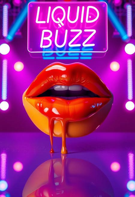 A high-resolution image of a woman’s lips painted with a bold gradient blend of red and yellow, merging smoothly to create a striking contrast. The lips are glossy and reflective, illuminated by neon-colored spotlights in the background—deep purples, blues, and pinks—enhancing their shine. Thin streams of paint drip delicately from the lips, adding a dynamic element. Above the lips, a floating neon sign reading ‘LIQUID BUZZ’ in vibrant pink and blue glows brightly, contributing to the sleek, futuristic atmosphere. Subtle reflections on the glossy surface enhance the intense effect.”