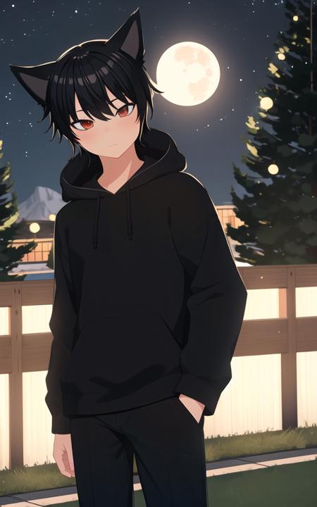 (masterpiece:1.2),best quality, masterpiece, highres, original, extremely detailed wallpaper, bokeh,
1boy, solo, cowboy shot, looking at viewer, :|,  
<lora:Robin_Akiyama:0.7> robinakiyama,
black hoodie, black pants, 
forest, night, full moon, moonlight, tree,