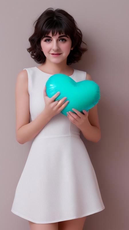 duckmonica 1girl solo pillow pillow balloon white dress dress object hug heart holding ball ball <lora:DuckMonica:0.5>