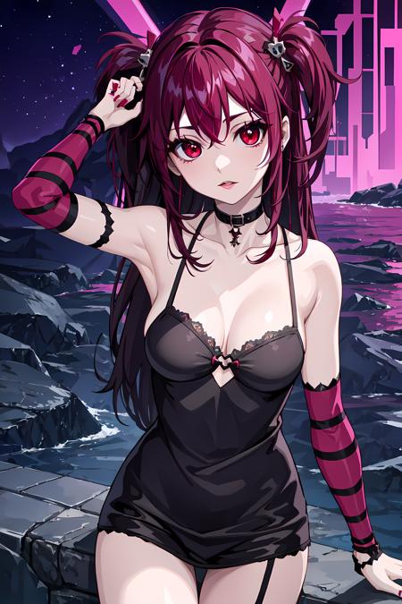 darkmio, 1girl, solo, pink hair, long hair, red eyes