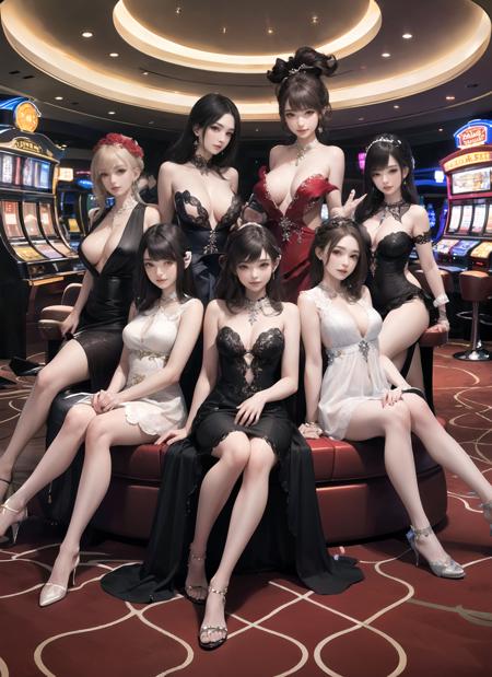 group picture,harem,sitting,multiple girls,6+girls,looking at viewer ,realistic,casino,dress,(masterpiece, high quality:1.2)  <lora:MultipleGirlsGroup:1>