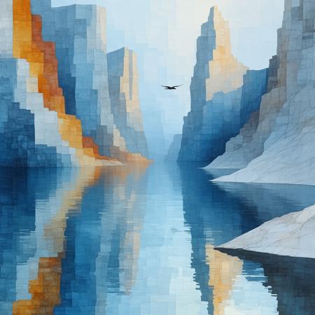 A cubist lake fractures into angular planes at twilight, its mirrored surface splintered by geometric ripples echoing Picasso’s "Glass Absinthe" abstractions. Low-angle perspective amplifies towering, minimalist cliffs of burnt umber and cadmium yellow, their jagged edges dissolving into cerulean gradients. A single prismatic bird—origami-sharp—glides through air thick with iridescent mist, casting elongated shadows that bleed into the water. Smooth, liquid cobalt contrasts fractured ochre terraces; diffused light blurs boundaries between solid and reflection. Serenity pulses beneath surreal disquiet, the scene balanced between collapse and infinite stillness