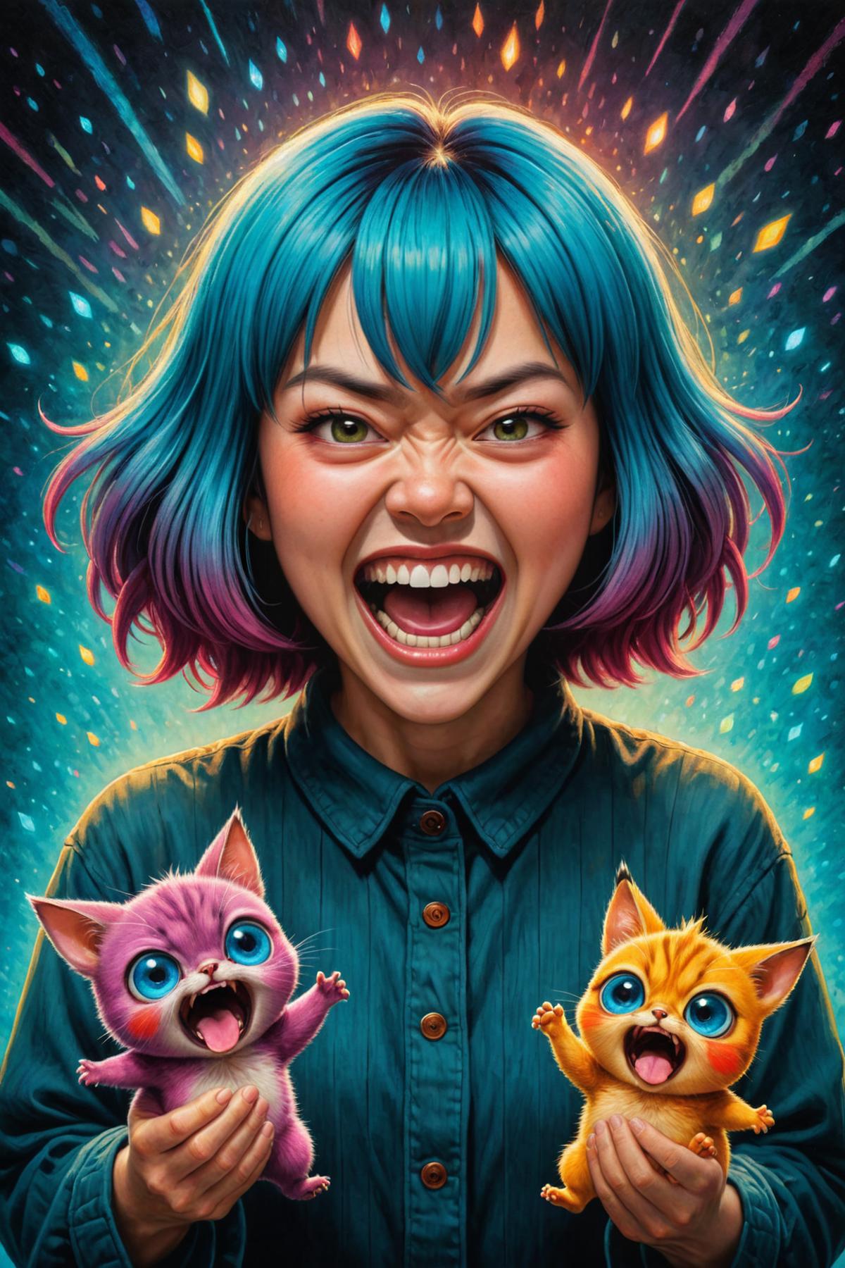 A girl with a ferocious look and two cat companions in a colorful background.
