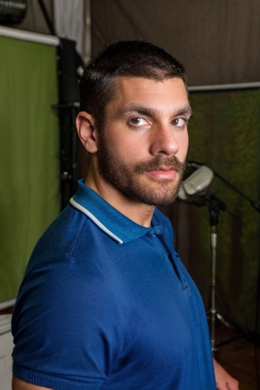 <lora:BobHager:0.8> b0bh4g3r, from front,  depth of field, standing, crew cut,
closeup shot, polo shirt,
in a studio