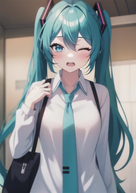 <lora:miku:0.8>, hatsune_miku, 1girl, solo, long hair, looking at viewer, blush, open mouth, bangs, blue eyes, shirt, hair ornament, long sleeves, hair between eyes, twintails, blue hair, collarbone, white shirt, upper body, heart, one eye closed, teeth, collared shirt, indoors, bag, nail polish, blurry, aqua eyes, dress shirt, aqua hair, blurry background