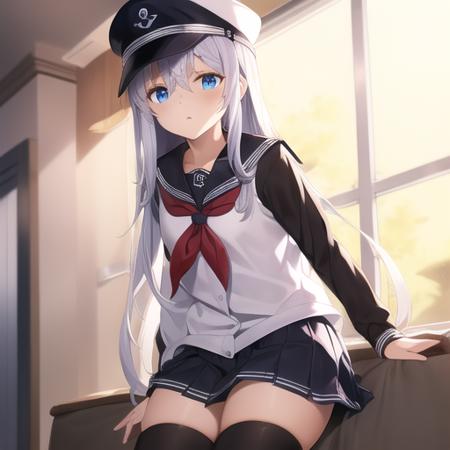 (masterpiece, best quality1.2),illustration,8k,hd,1girls,solo,long_hair,blue_eyes,serafuku,hair_between_eyes,grey_hair,hat,white_hair,anchor_symbol,black_headwear,black_sailor_collar,black_skirt,flat_cap,long_sleeves,neckerchief,pleated_skirt,red_neckerchief,school_uniform,skirt,black_thighhighs,<lora:Hibiki>,