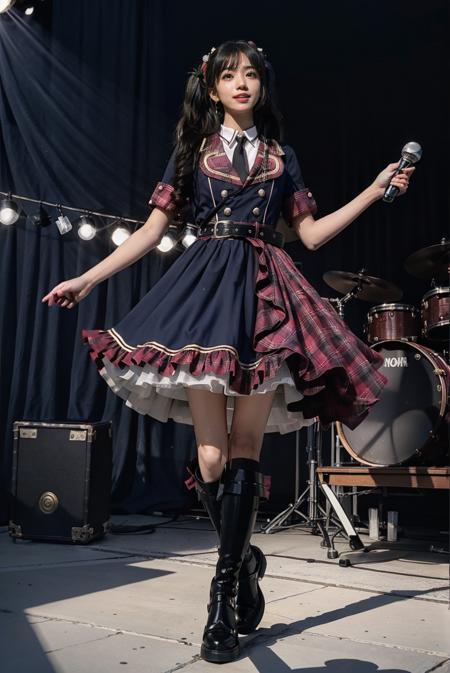 realistic, photorealistic, masterpiece, incredibly absurdres, extremely detailed, best quality, idol_costume, knee boots, 1girl, solo, idol, full body, long black hair, twintails, standing, stage in the backgorund, stage lighting, stage spotlight, detailed background, audience, holding microphone, singing, <lora:idol_costume_style5_v1:0.7>