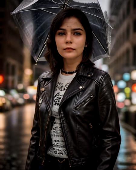 Woman in a leather jacket, against the background of a rainy city <lora:DetaliSlider:2> <lora:Alisa200:0.7>, maximum details