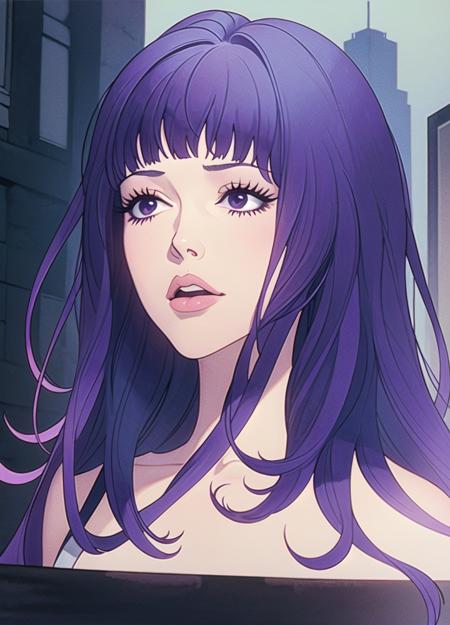 <lora:belladonnasized:0.6> 1girl, jeannabelladonna, solo, bangs, purple hair, street, portrait, (masterpiece, best quality:1.2), award winning, masterpiece, vibrant, volumetric lighting