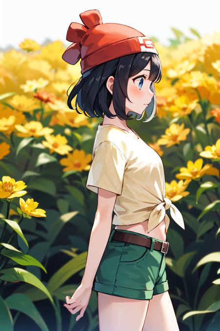 masterpiece, best quality, highres, selene1, 1girl, selene1, 1girl, selene \(pokemon\), solo, blue eyes, black hair, green shorts, red headwear, beanie, shirt, tied shirt, floral print, short hair, short sleeves, short shorts, navel, striped, yellow shirt, belt,  <lora:selene_(pokemon)_v1:0.6>, from side, field, flower,