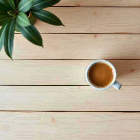 A view from the top of a wooden table with a coffee mug, classic stock photo, chill vibe, latte cafe on a classic wooden kitchen table. Empty table except the coffee mug. Coffee mug on the far right. Clean mug with fresh coffee, light foam on coffee. No space between plank, glued plank without gaps. Light coloured wood. Coffee mug should only take 1/16 of the image. View from far above. Large table, small mug. Mug on top right corner. Tiny mug