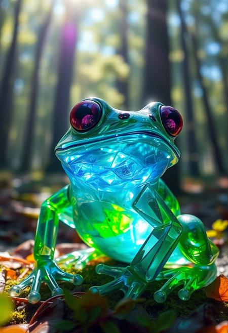 In a surreal forest clearing, imagine a radiant crystal frog. Its transparent blue head sparkles in the dappled sunlight, revealing deep purple eyes that gleam with an otherworldly intelligence. The intricately detailed green crystal body refracts light, creating a captivating play of colors. Nature and fantasy converge in this enchanting image