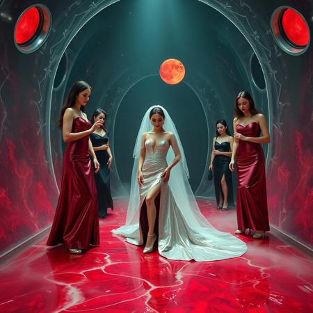 high-society elegant slender norvegian  rich   innocent young bride wearing   glossy silver high heels and glossy transparent slime  high slit wedding gown with matching long veil? surrounded by arrogant ladies wearing glamour glossy black evening gowns and glossy high heels, laying her in to  weird glossy red foil breeding  bed, eerie fog that wafts up from the fleshy jelly floor, encased in light beam from the chamber celling, awaiting her alien master, strugging to break free and escape, transparent crystal walls,  colossus observation portholes to outer space full of stars, bright red moon, vintage-inspired makeup, long hairs, ultra thin waist, evil grin, porcelain skin, lipstick, red nails, in the style of a haunting, retro-futuristic 1950s sci-fi nightmare, horror, alien space base,