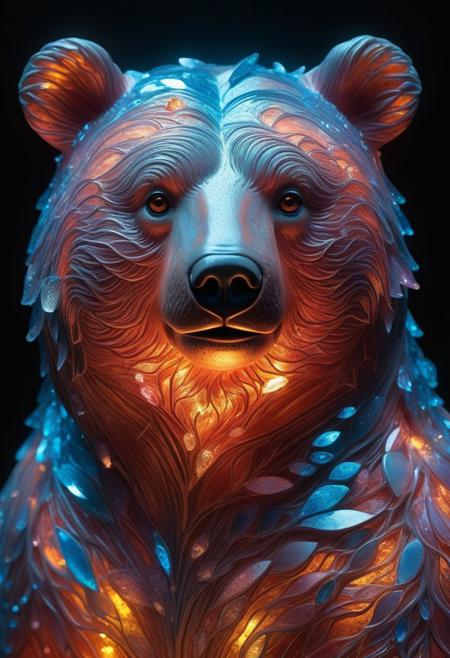 
A hyper-realistic digital artwork of a delicate and transparent vermilion crystal glass sculpture of a baby bear filled with bioluminescent flowers, artistic, sparkling dynamic colors, glitter, luminous opalescent, insanely detailed beautiful bear crystallized, meticulously detailed filigree bear, hypermaximalist bioluminescent glowing bear, shimmering, sparkling, extreme contrast and saturation, underwater particles, magical fantasy artwork, ultra high quality, embedding:advntr zavy-cnmtc zavy-rmlght low-key<lora:Image Upgrader-v0.1>