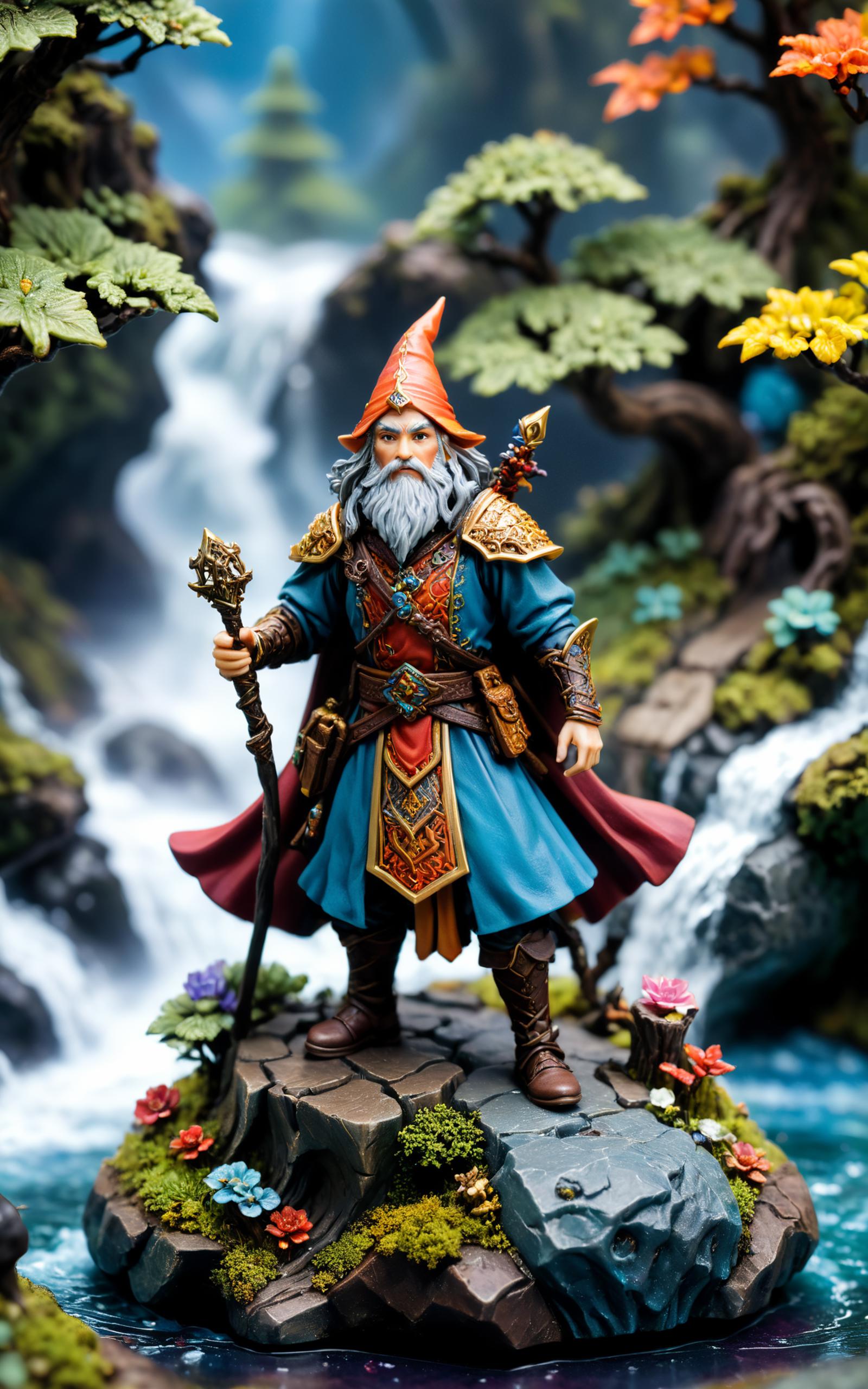 A figure of a wizard with a blue and red robe holding a staff and wand.